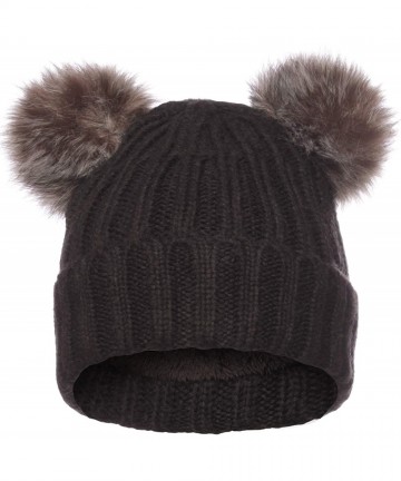 Skullies & Beanies Women's Double Pom Pom Beanie Warm Winter Knit Hat Cute Animal Look - Double Puff Pom Pom - Black - CX18K7...