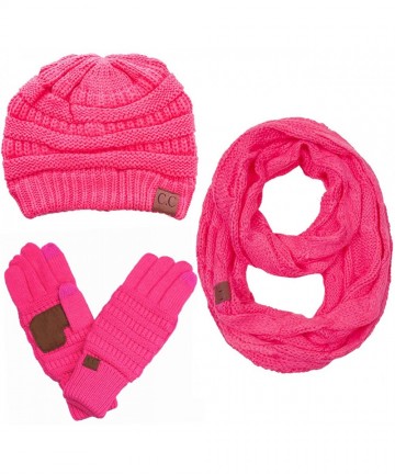 Skullies & Beanies 3pc Set Trendy Warm Chunky Soft Stretch Cable Knit Beanie Scarves Gloves Set - New Candy Pink - C7187GO32Q...