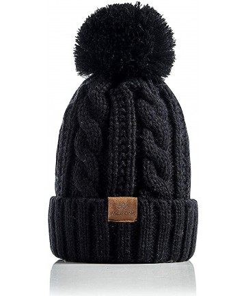 Skullies & Beanies Women Winter Knit Hat Warm Fleece Lined Pom Pom Beanie Hat - 1-black - CV18ZD32N8I $14.07