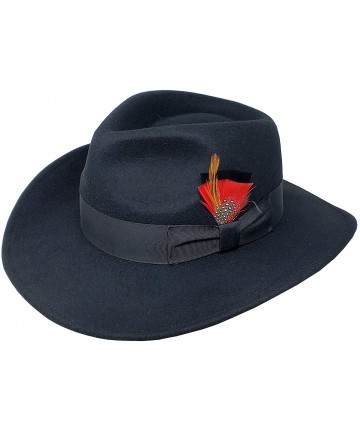 Fedoras Indiana Jones Outback Cowboy Crushable Wool Fedora Hats with Removable Feather - Black - CG18XGIUSZL $48.53