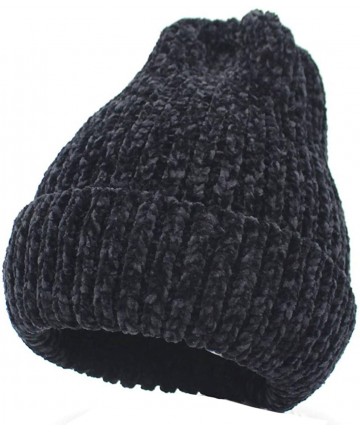 Skullies & Beanies Winter Chenille Chunky Stretchy Warm Ribbed Knit Beanie Hat - Black - CF18WKXTG8X $15.10