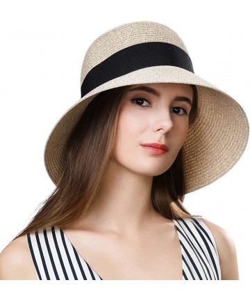 Sun Hats Womens UPF 50 Summer Straw Beach Sun Hat Wide Brim Fashion Fedora Packable & Adjustable - 69087beige Mix - CJ18R3XDD...