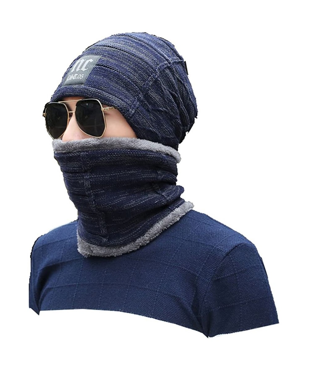 Skullies & Beanies Mens Warm Knit Outdoors Ski Thick Hat/Cap Set for Winter - Navy Blue - CF187Q2SE2C $39.14