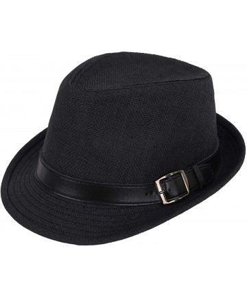 Fedoras Panama Style Trilby Fedora Straw Sun Hat with Leather Belt - Black - CW12IOFZQWV $20.40