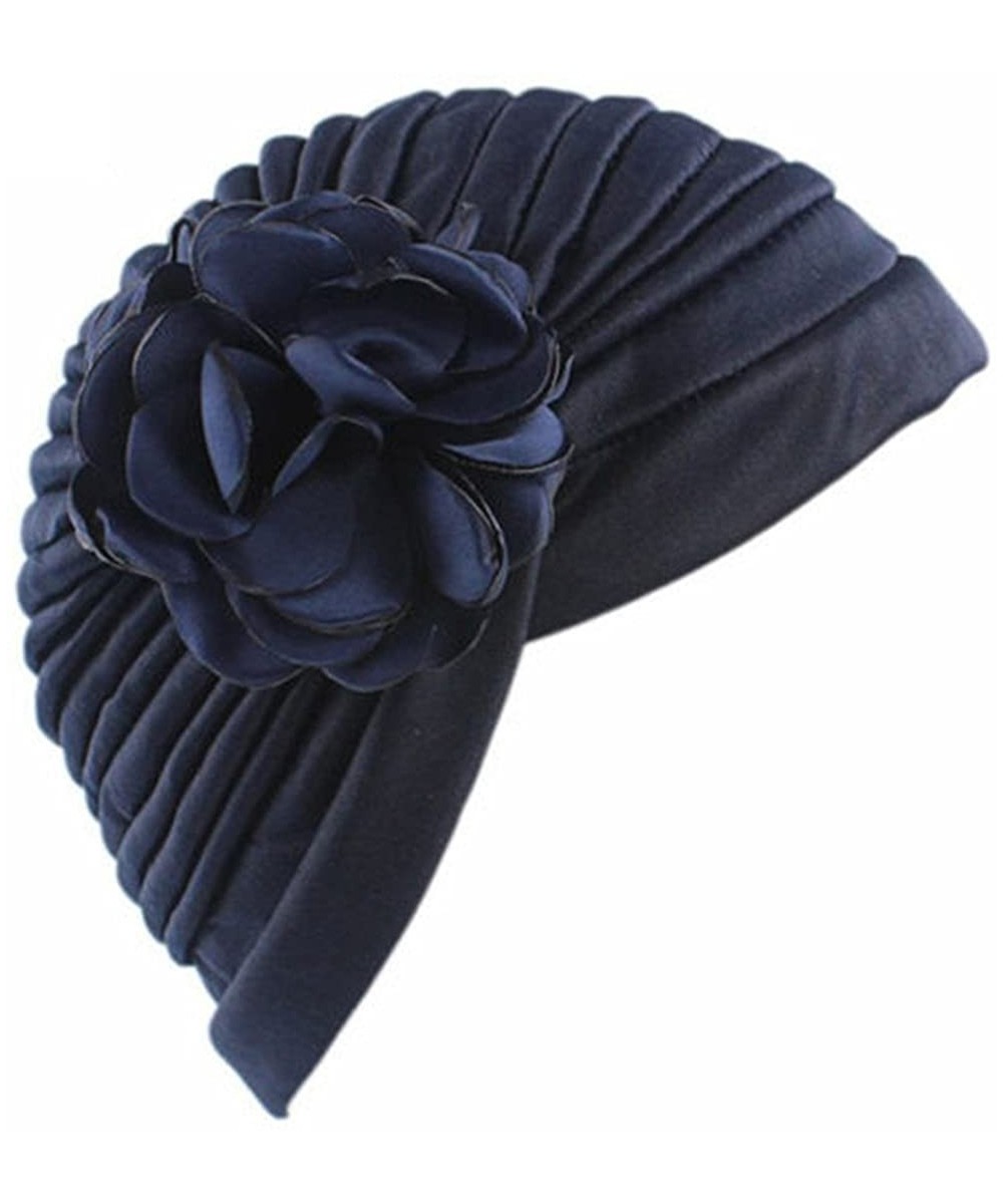 Skullies & Beanies Women Muslim Indian Chemo Hat Stretch Flower Turban Cap Hair Loss Scarf Headwear - Navy - CE187WDIK0M $11.58