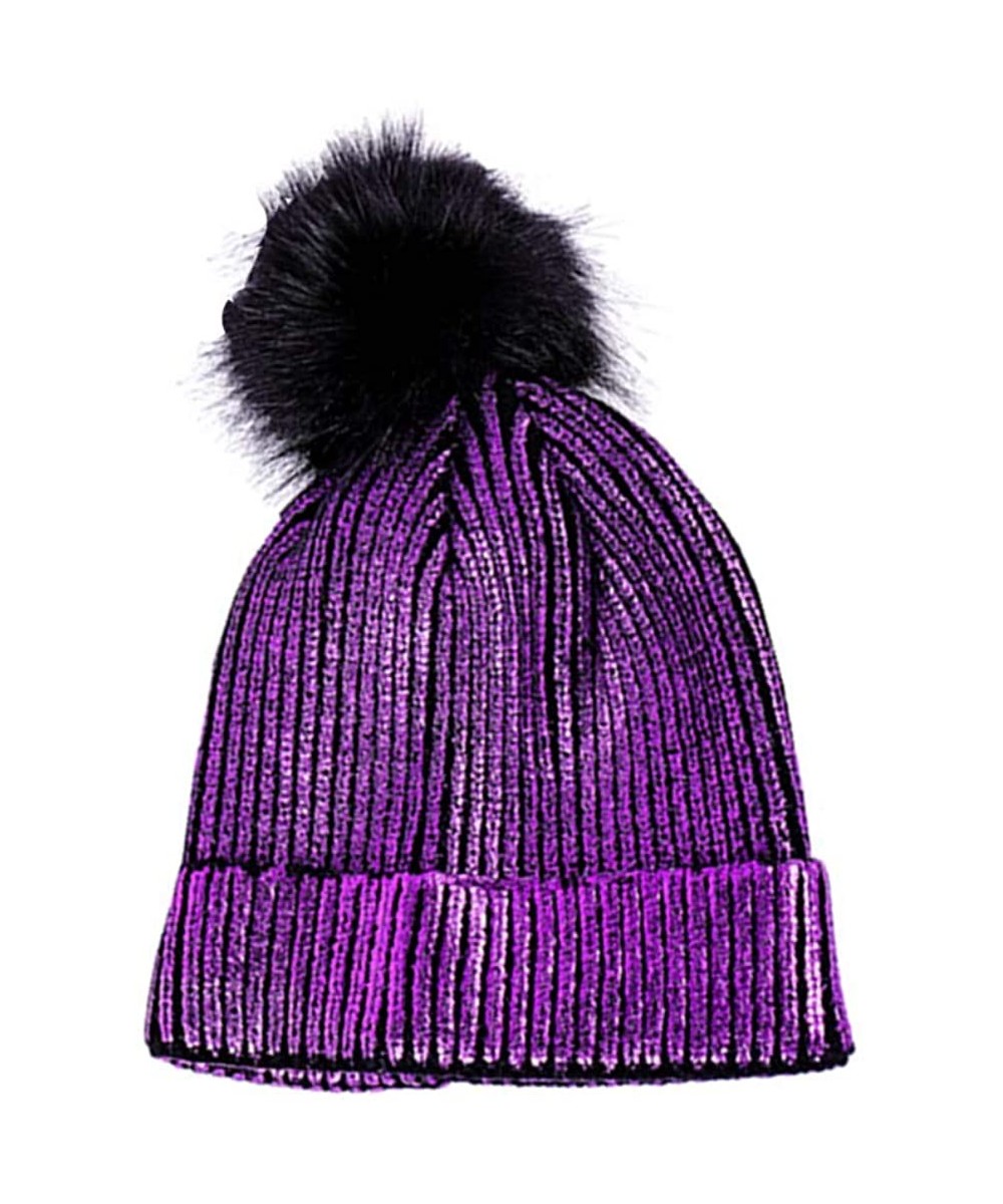 Skullies & Beanies Winter Pom Pom Beanie Hat Metallic Color Shiny Warm Knitted Women Cap - Purple - CW18L7NYZW6 $13.78