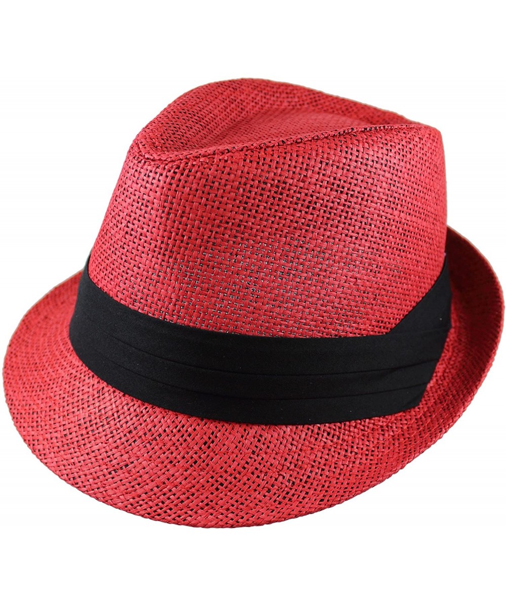 Fedoras Summer Fedora Panama Straw Hats with Black Band - Red - CU18222TKKU $15.22