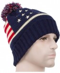 Skullies & Beanies American Flag Chunky Beanie with Pom Pom - Fall Winter Cuff Watch Cap - Knit Snowboarding Ski Hat - Blue -...