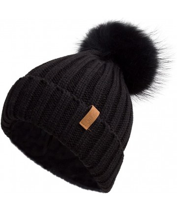 Skullies & Beanies Women Winter Knitted Beanie Hat with Fur Pom Bobble Hat Skull Beanie for Women - Black( Black Pompom) - C2...
