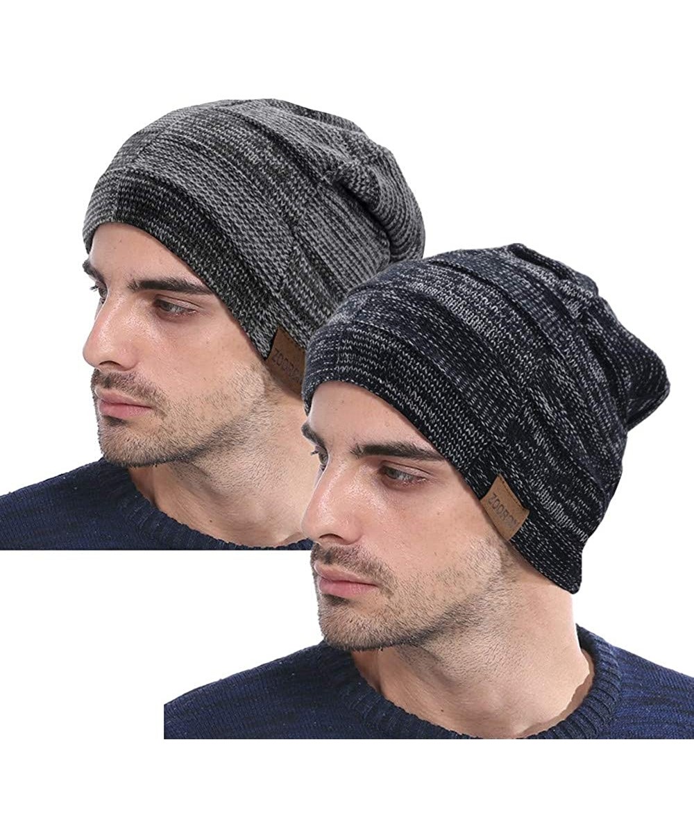 Skullies & Beanies Slouchy Winter Beanie Hat for Men- Warm Knit Wool Baggy Skull Beanie Cap - A02-2pack-black&gray - CO18XHL9...