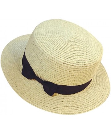 Sun Hats Unisex Trilby Gangster Cap Beach Sun Straw Hat Bow Tie Band Sun hat Beach Fishing Hat - White - CJ18U8OUL0U $22.29