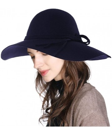 Fedoras Womens 100% Wool Felt Fedora Hat Wide Brim Floppy/Porkpie Style - 89071navyblue - CQ18ILDMURX $38.85