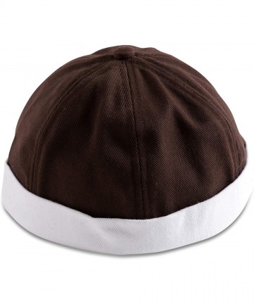 Skullies & Beanies Brimless Adjustable Docker Hat Beanie - Retro Cotton No Visor Cap Men and Women - Brown W/ White Cuff - CF...