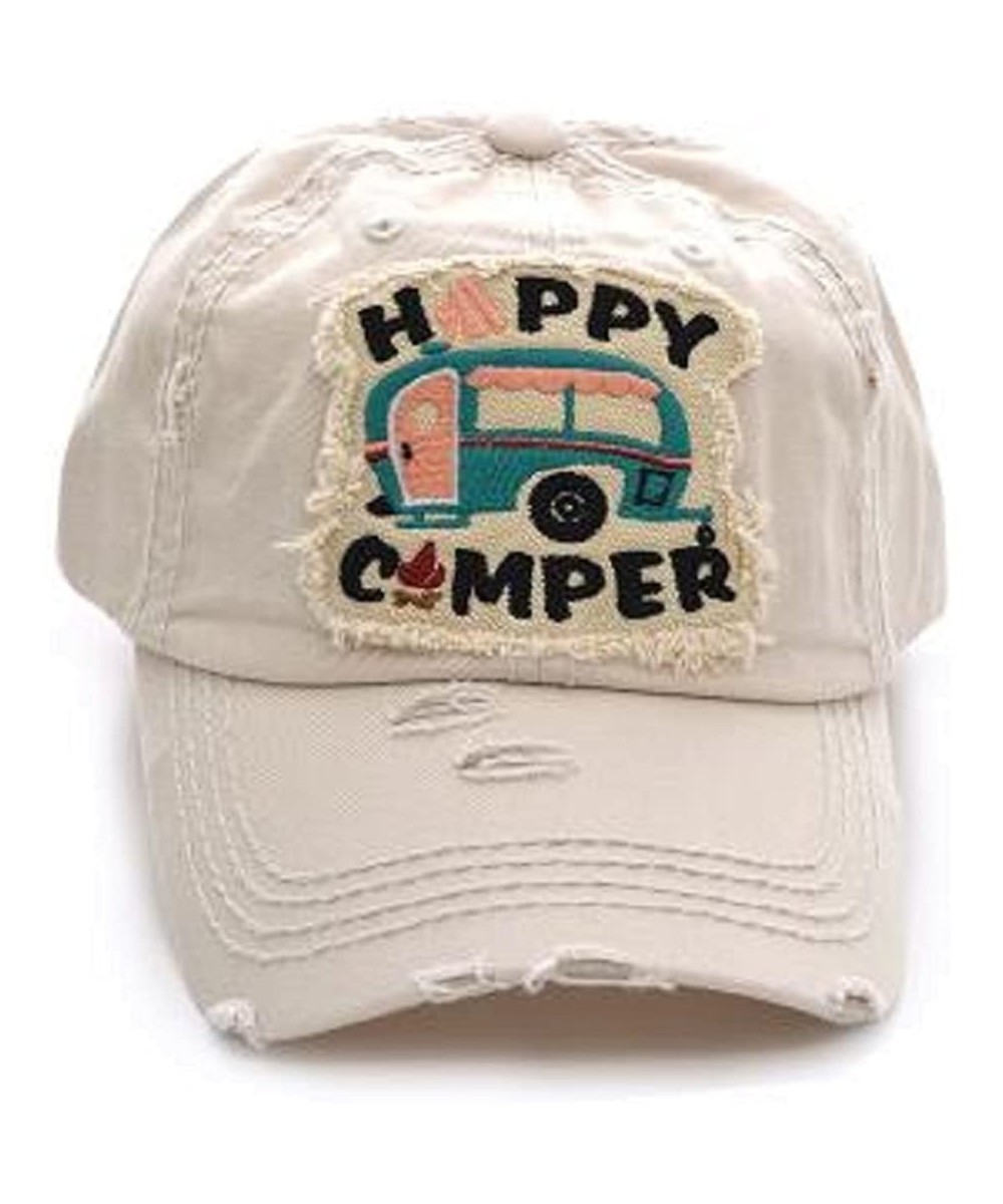 Baseball Caps Adjustable Happy Camper Distressed Baseball Cap Hat - Beige/Off-white - CF18C8ERDRW $24.32