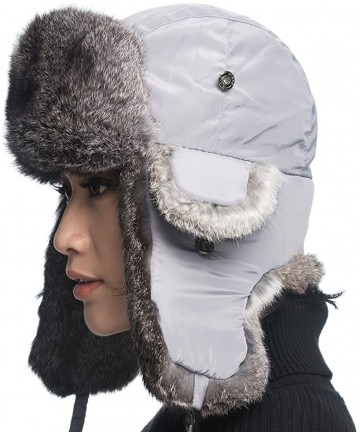 Bomber Hats Aviator Hat with Grey Rabbit Fur - Silver Grey With Grey Rabbit Fur - C3120I2NZET $44.61