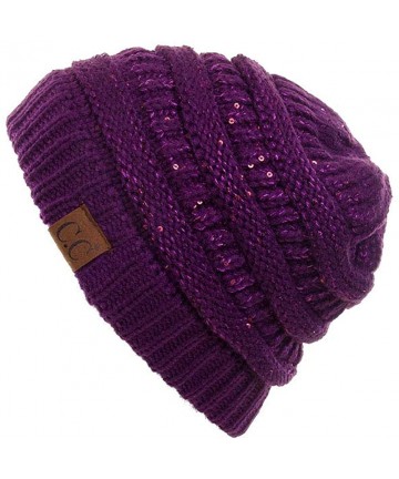 Skullies & Beanies Women Knitted Sparkle Sequin Soft Skull Cap Ponytail Messy Bun Beanie - Purple - CV18IC6DG9U $17.53