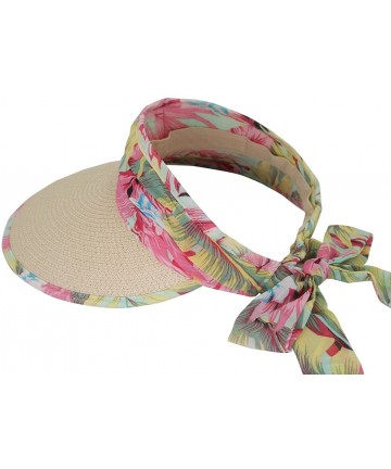 Visors Women's Floral Print Straw Visor Wide Brim Sun Hat with Bowknot Elegant - Beige - C9184SEA8Z6 $17.31
