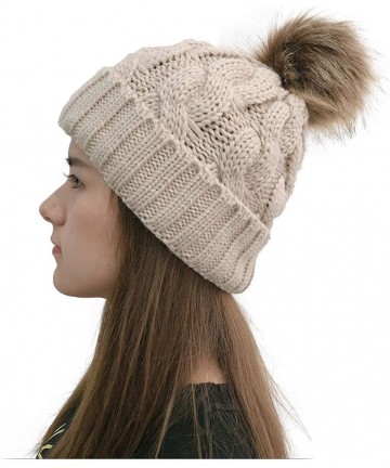 Skullies & Beanies Womens Winter Beanie Hat- Warm Fleece Lined Knitted Soft Ski Cuff Cap with Pom Pom - Beige - CU18A6YAZYL $...