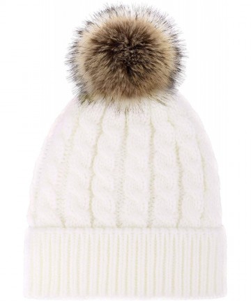 Skullies & Beanies Women's Winter Soft Knit Beanie Hat with Faux Fur Pom Pom - Fleece Lined_white - CQ18S7SCMZ9 $19.77
