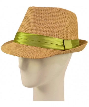 Fedoras Classic Tan Fedora Straw Hat with Ribbon Band - Diff Color Band Avail - Green Band - C411LGBBA93 $11.78