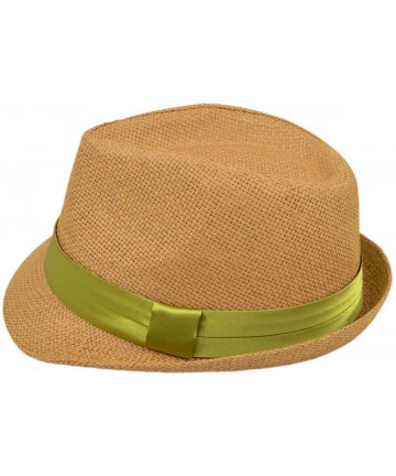 Fedoras Classic Tan Fedora Straw Hat with Ribbon Band - Diff Color Band Avail - Green Band - C411LGBBA93 $11.78