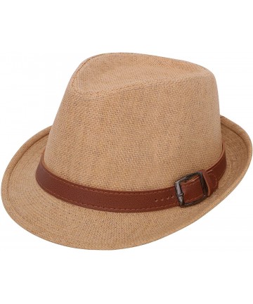 Visors Beach Straw Fedora Hat w/Solid Hat Band for Men & Women - Khaki Hat Brown Belt - CA17Y53N5OO $27.63