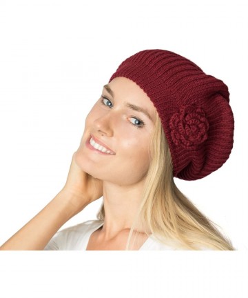 Berets Womens Fall Winter Ribbed Knit Beret Double Layers with Flower - Burgundy - CO126OIA2AJ $17.81