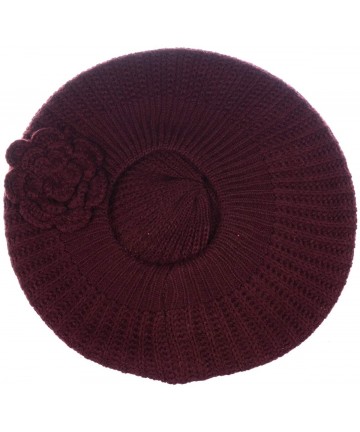 Berets Womens Fall Winter Ribbed Knit Beret Double Layers with Flower - Burgundy - CO126OIA2AJ $17.81