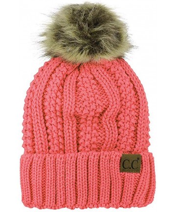 Skullies & Beanies Thick Cable Knit Faux Fuzzy Fur Pom Fleece Lined Skull Cap Cuff Beanie - Coral - CV1933H8UK8 $21.84