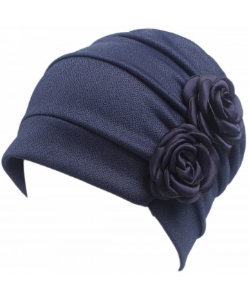 Skullies & Beanies Ruffle Chemo Turban Headband Scarf Beanie Cap Hat for Cancer Patient - Wine+navy Blue - CM186K03NAQ $20.04