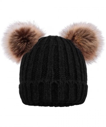 Skullies & Beanies Womens Beanie Winter Cable Knit Faux Fur Pompom Ears Beanie Hat - A_black Hat Coffee Ball - C218E3C24C2 $2...