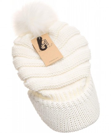 Skullies & Beanies Women's Soft Warm Ribbed Knit Visor Brim Pom Pom Beanie Hat with Plush Lining - Off White - C918HE9ZE8Y $1...