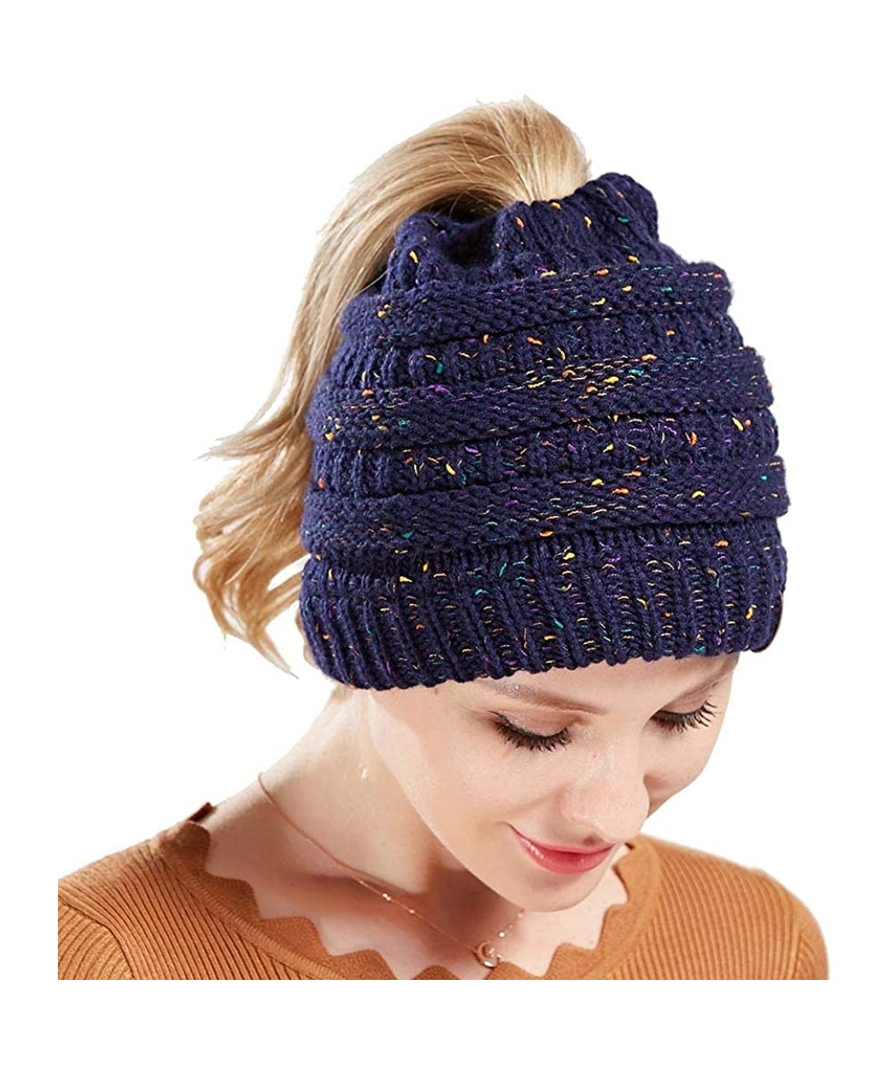 Skullies & Beanies Women Warm Stretch Cable Knit Ponytail Beanie Skully - Chunky Soft Confetti Knit Beanie Hats - Purplish Bl...