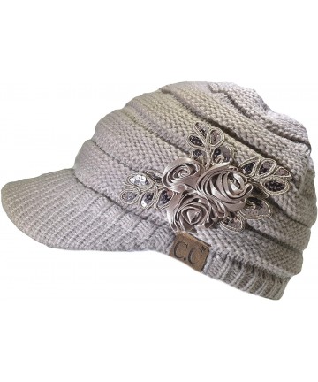 Skullies & Beanies Warm Cable Ribbed Knit Beanie Hat w/Visor Brim - Chunky Winter Skully Cap - Flower Taupe - CR18A6TD0SY $25.30