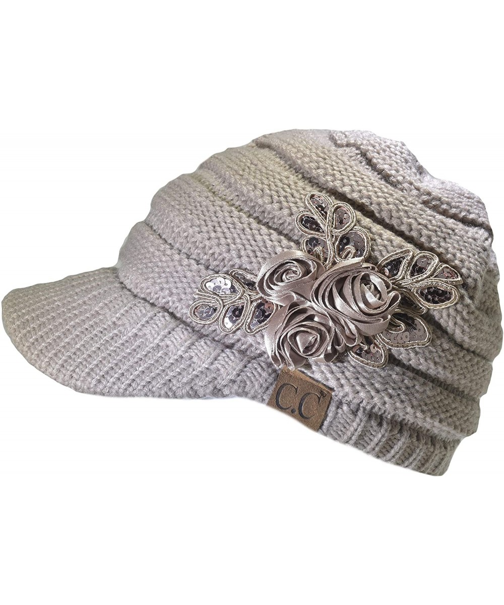 Skullies & Beanies Warm Cable Ribbed Knit Beanie Hat w/Visor Brim - Chunky Winter Skully Cap - Flower Taupe - CR18A6TD0SY $17.18