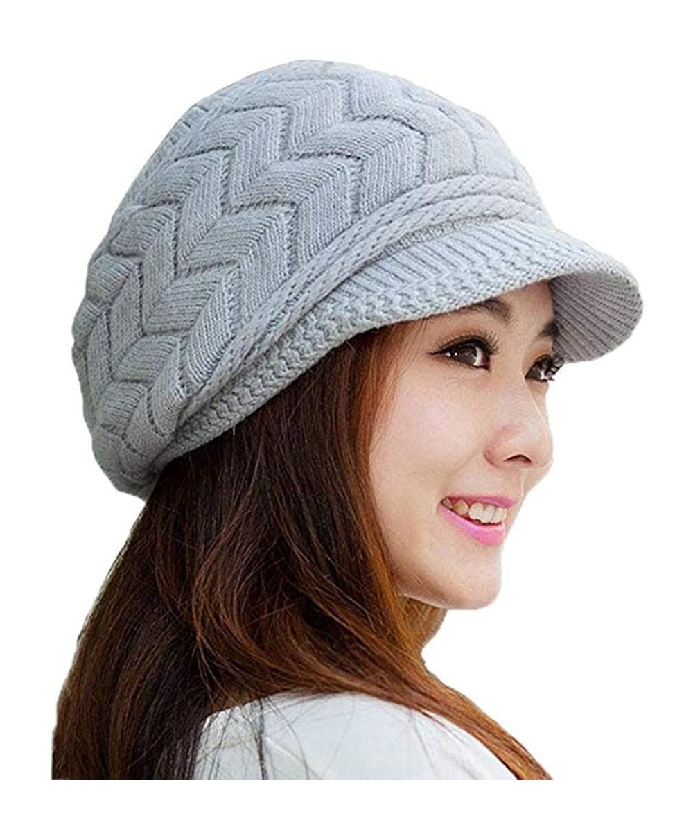 Skullies & Beanies Womens Winter Warm Knitted Hats Slouchy Wool Beanie Hat Cap with Visor - Grey - C018ND7K6CT $14.75