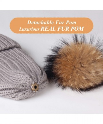 Skullies & Beanies Winter Knit Hat Detachable Real Raccoon Fur Pom Pom Womens Girls Warm Knit Beanie Hat - CZ12BSQHBOJ $22.93