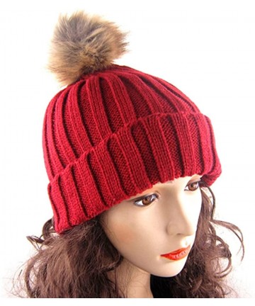 Skullies & Beanies Women's Pom Knit Cuffed Winter Beanie Ski Hat Cap - Claret - C511PYS73I7 $11.91