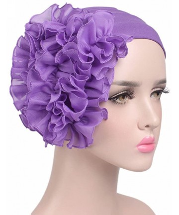 Skullies & Beanies Women Flower Solid Ruffle Cancer Chemo Elegant Hat Beanie Turban African Head Scarf Wrap Cap - Purple - CQ...