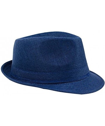 Fedoras Men's Women's Summer Beach Sun Hat Linen Fedoras Trilby Hats - Navy Blue - CZ17YYMEYYL $11.51