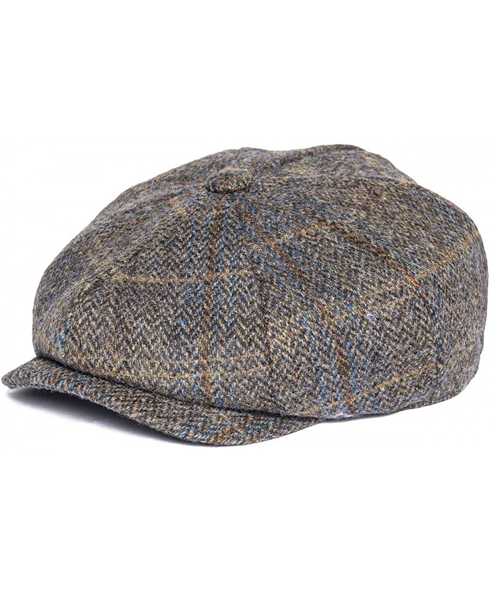 Newsboy Caps Men's Premium Wool Classic Flat Ivy Newsboy Cap Herringbone Pattern Flecked Hat - Brown/Blue Check - CM196IGRK7X...