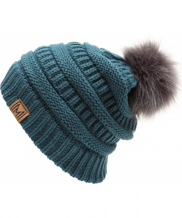Skullies & Beanies Women's Soft Stretch Cable Knit Warm Skully Faux Fur Pom Pom Beanie Hats - Teal - CV18GQS3L4R $21.72