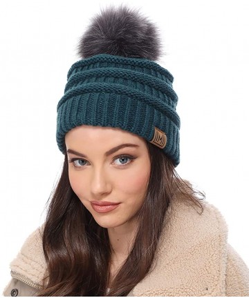 Skullies & Beanies Women's Soft Stretch Cable Knit Warm Skully Faux Fur Pom Pom Beanie Hats - Teal - CV18GQS3L4R $13.96