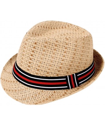 Fedoras Unisex Summer Straw Structured Fedora Hat w/Cloth Band - Brown Hat/Stripe Band - C7189ZK0D8X $31.76
