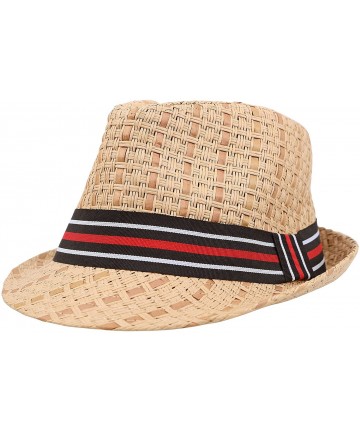 Fedoras Unisex Summer Straw Structured Fedora Hat w/Cloth Band - Brown Hat/Stripe Band - C7189ZK0D8X $21.79