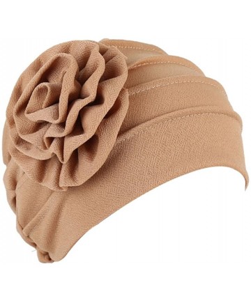 Skullies & Beanies Women's Floral Muslim Hijab Cap Solid Color Stretch Chemo Turban Hat Head Scarf - Khaki - CW187T5HYKM $10.10