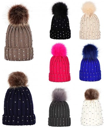 Skullies & Beanies Hats Pompom Rhinestone Decor Winter Kids Boy Girl Solid Color Beanie Cap Knitted Hat - Royal Blue - CZ18KG...